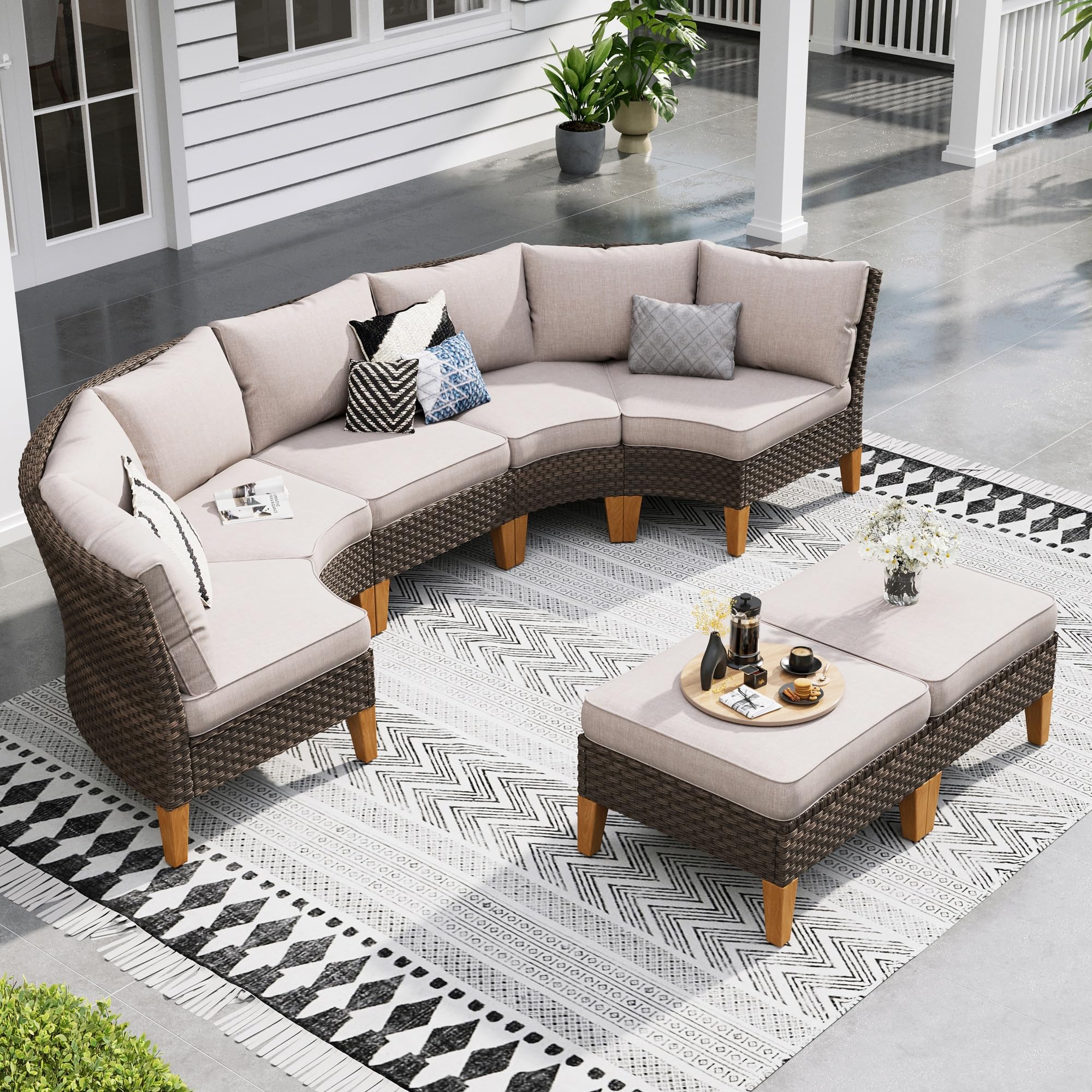 Sophia & William Patio Furniture Set with Fire Pit Table, 8 Piece Half Moon Outdoor Wicker Sectional Sofa Set, Rattan Conversation Set with 56 - Inch Fire Pit Table & Ottoman (Aqua Blue) - The Cozy Corner