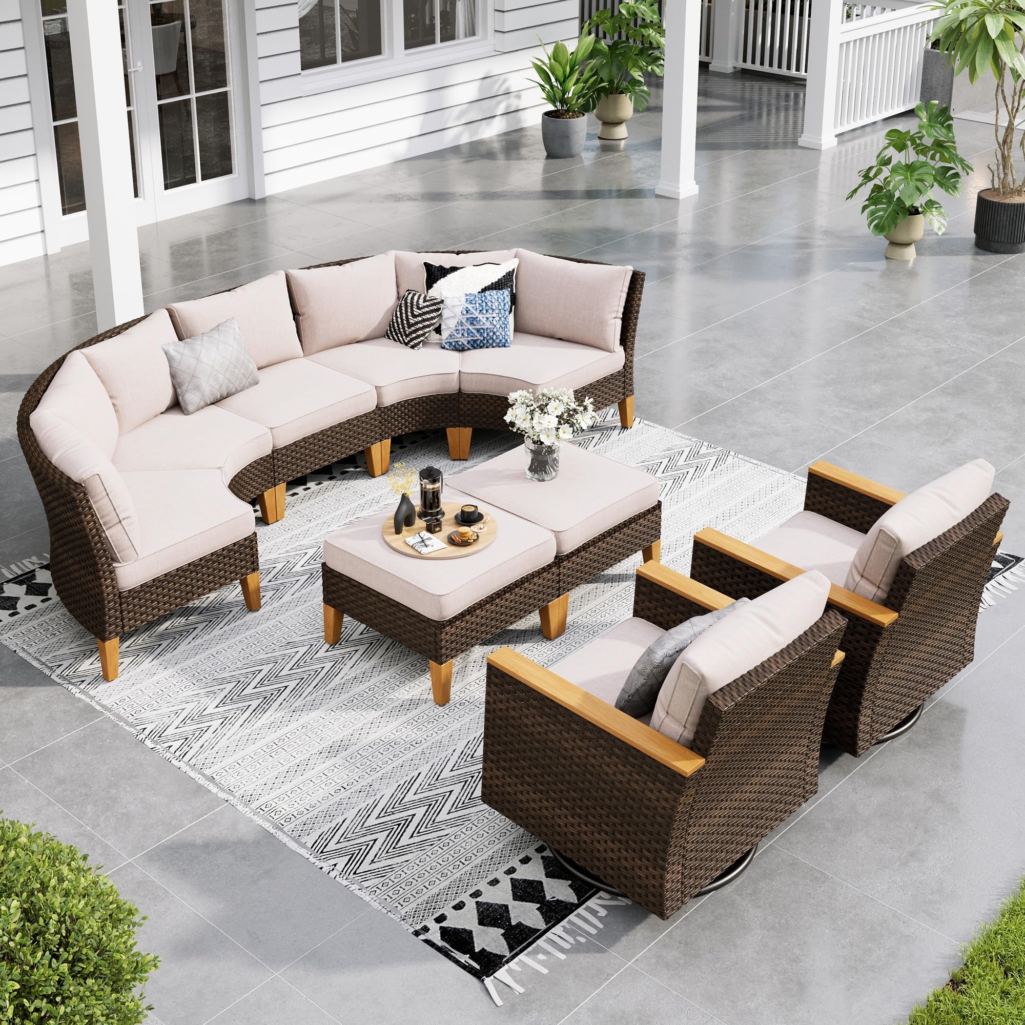 Sophia & William Patio Furniture Set with Fire Pit Table, 8 Piece Half Moon Outdoor Wicker Sectional Sofa Set, Rattan Conversation Set with 56 - Inch Fire Pit Table & Ottoman (Aqua Blue) - The Cozy Corner