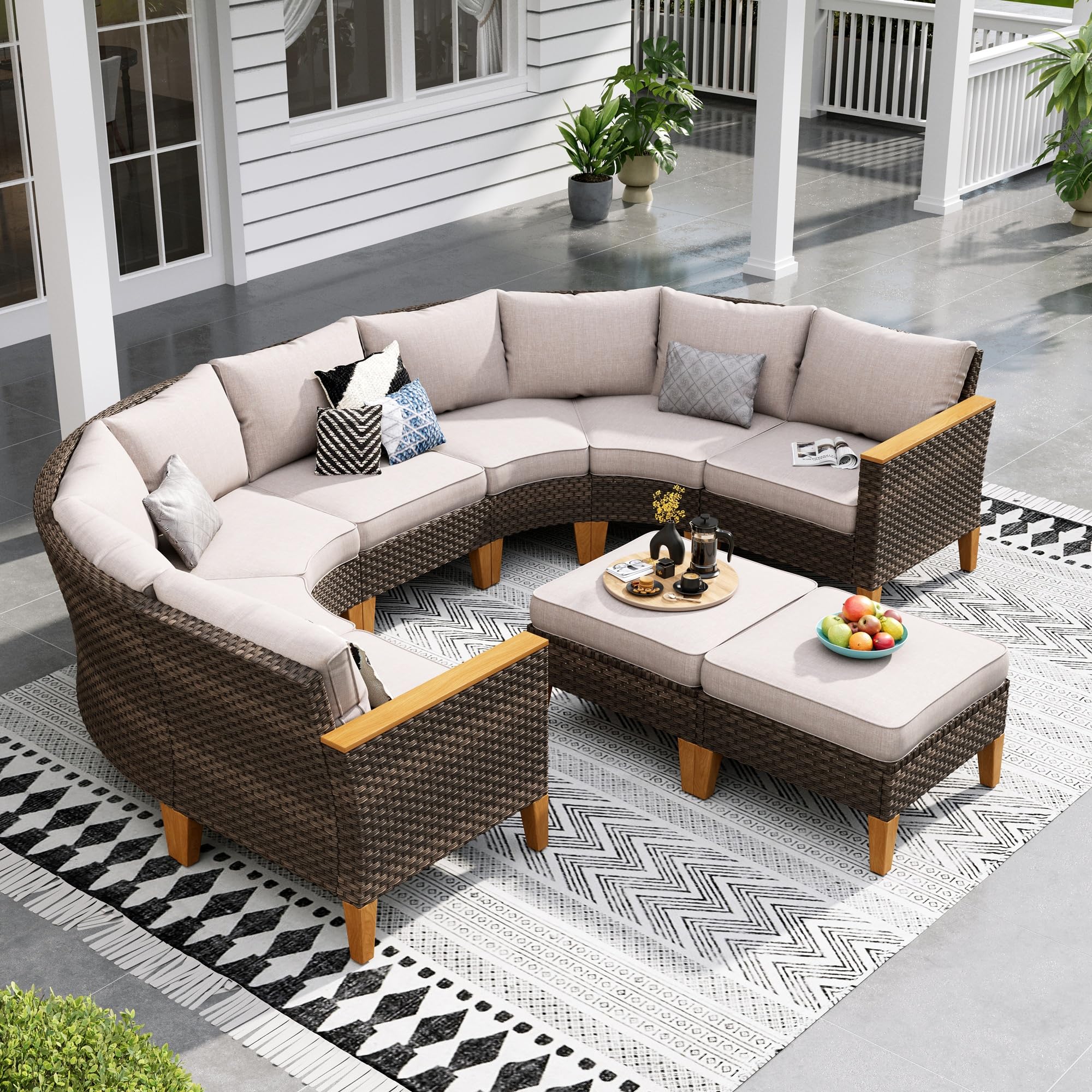 Sophia & William Patio Furniture Set with Fire Pit Table, 8 Piece Half Moon Outdoor Wicker Sectional Sofa Set, Rattan Conversation Set with 56 - Inch Fire Pit Table & Ottoman (Aqua Blue) - The Cozy Corner