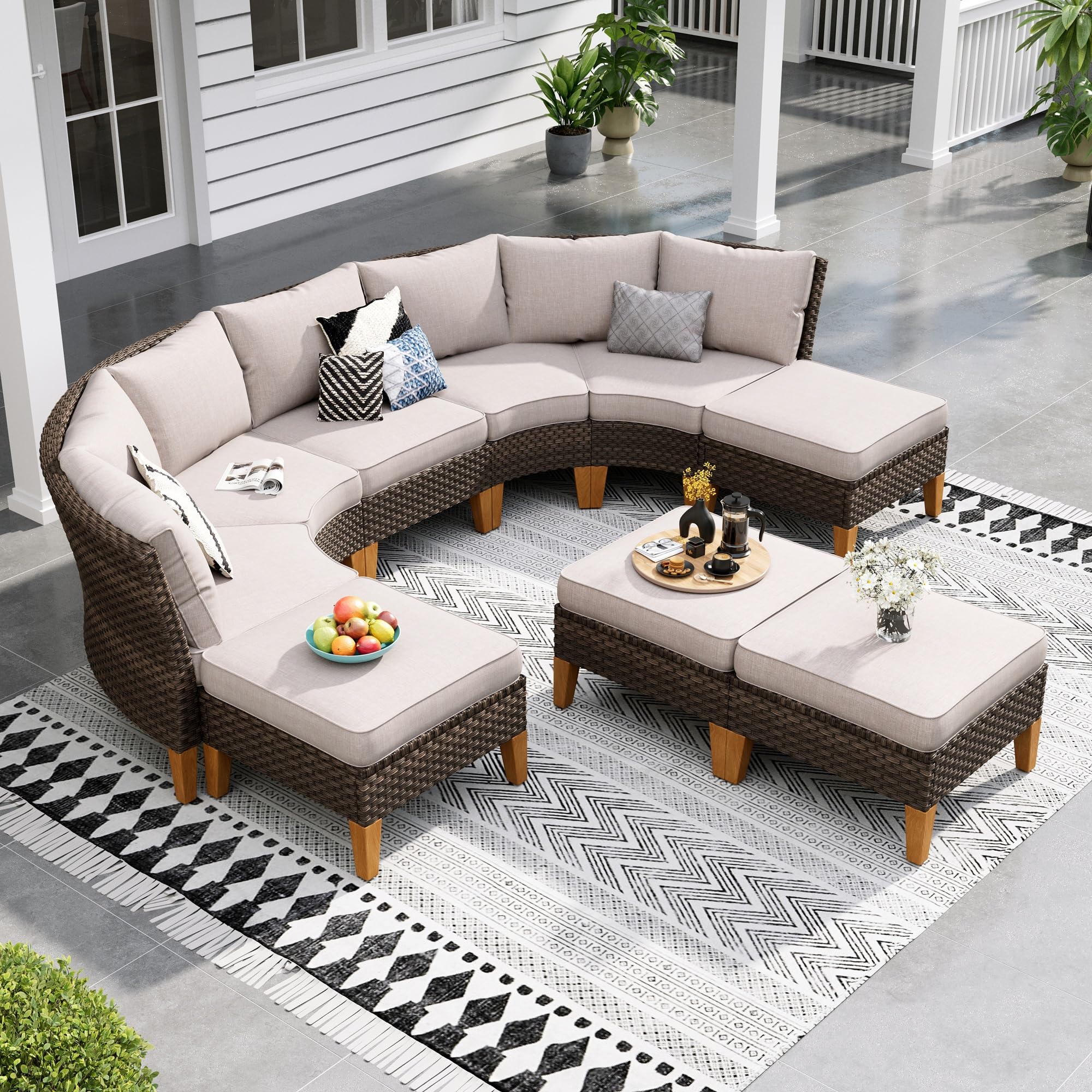 Sophia & William Patio Furniture Set with Fire Pit Table, 8 Piece Half Moon Outdoor Wicker Sectional Sofa Set, Rattan Conversation Set with 56 - Inch Fire Pit Table & Ottoman (Aqua Blue) - The Cozy Corner
