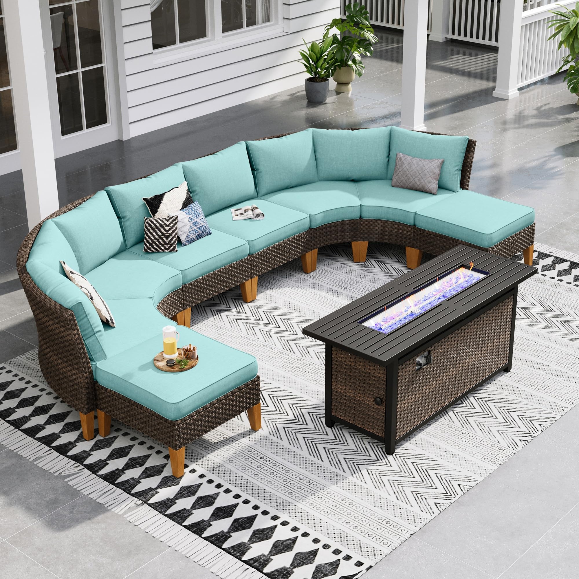 Sophia & William Patio Furniture Set with Fire Pit Table, 8 Piece Half Moon Outdoor Wicker Sectional Sofa Set, Rattan Conversation Set with 56 - Inch Fire Pit Table & Ottoman (Aqua Blue) - The Cozy Corner