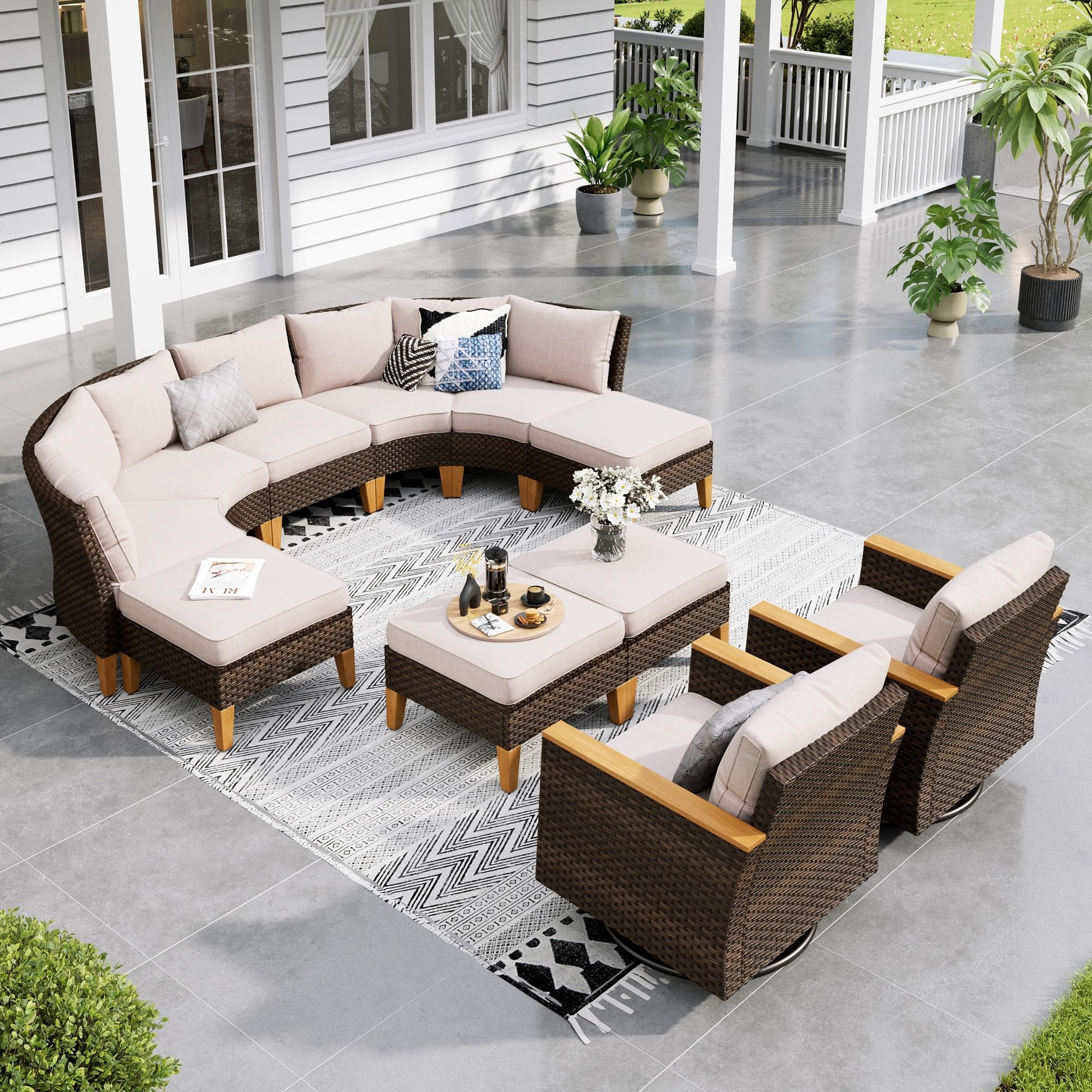 Sophia & William Patio Furniture Set with Fire Pit Table, 8 Piece Half Moon Outdoor Wicker Sectional Sofa Set, Rattan Conversation Set with 56 - Inch Fire Pit Table & Ottoman (Aqua Blue) - The Cozy Corner