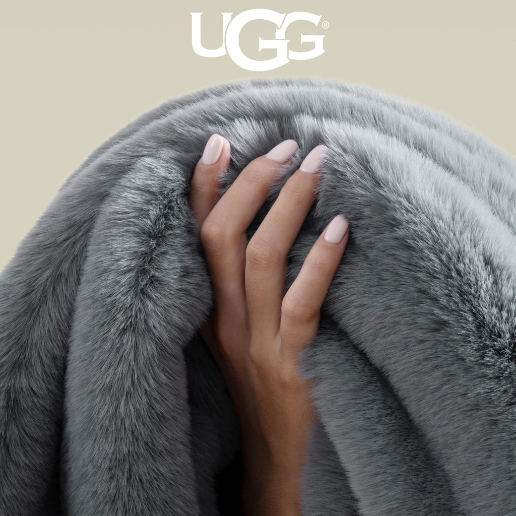 UGG Euphoria Faux Fur Throw Blanket, Oversized Soft Throw for Couch or Bed, Luxury Room Decor, Giftable Fuzzy Blankets, Machine Washable, 50 - inch x 70 - inch, Chambray Blue Grey - The Cozy Corner