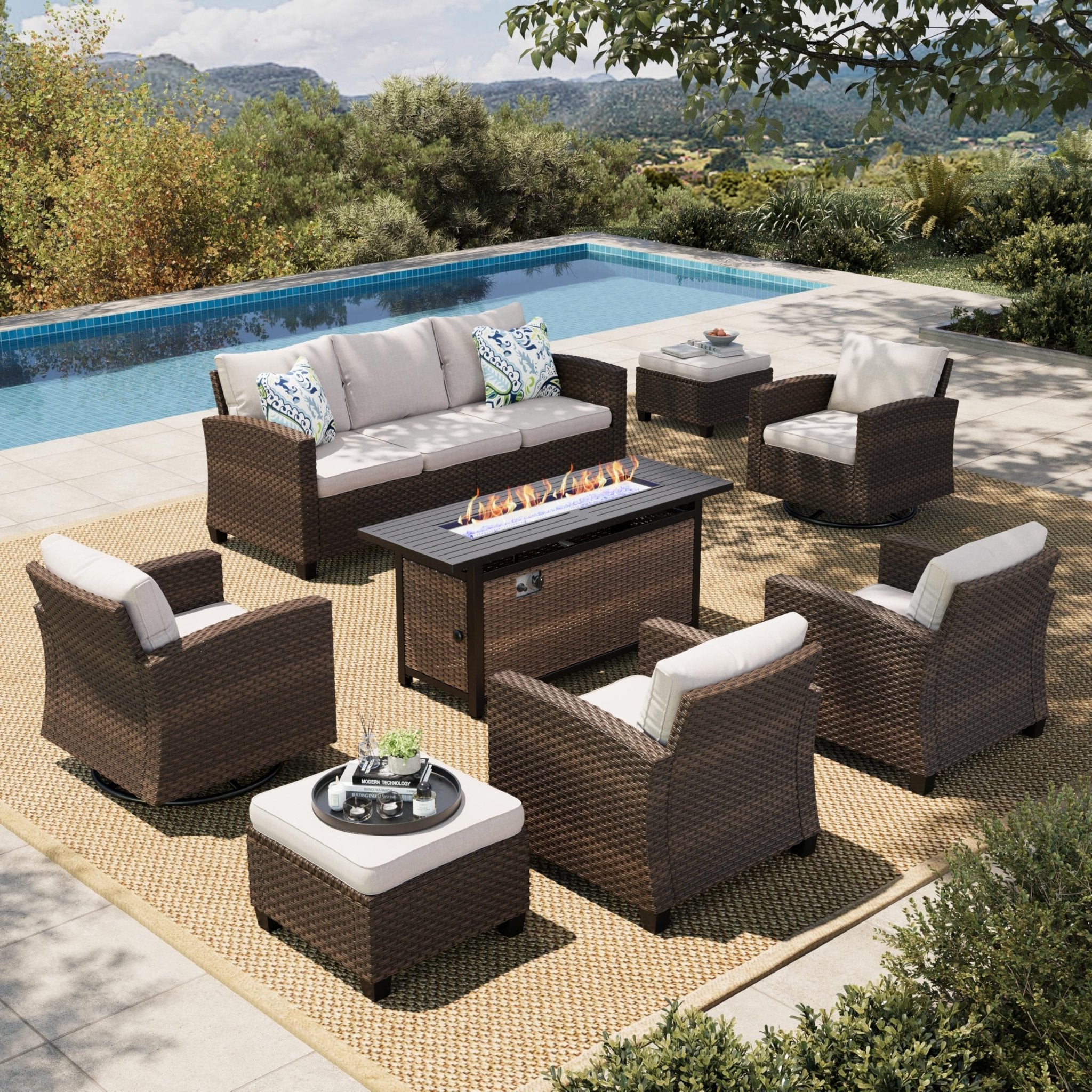 HERA'S HOUSE Patio Furniture Set with 56" Fire Pit Table, Outdoor Patio Conversation Sets, 6 Pieces 7 Seats Wicker Outside Sectional Sofa Set for Lawn Backyard Deck - The Cozy Corner