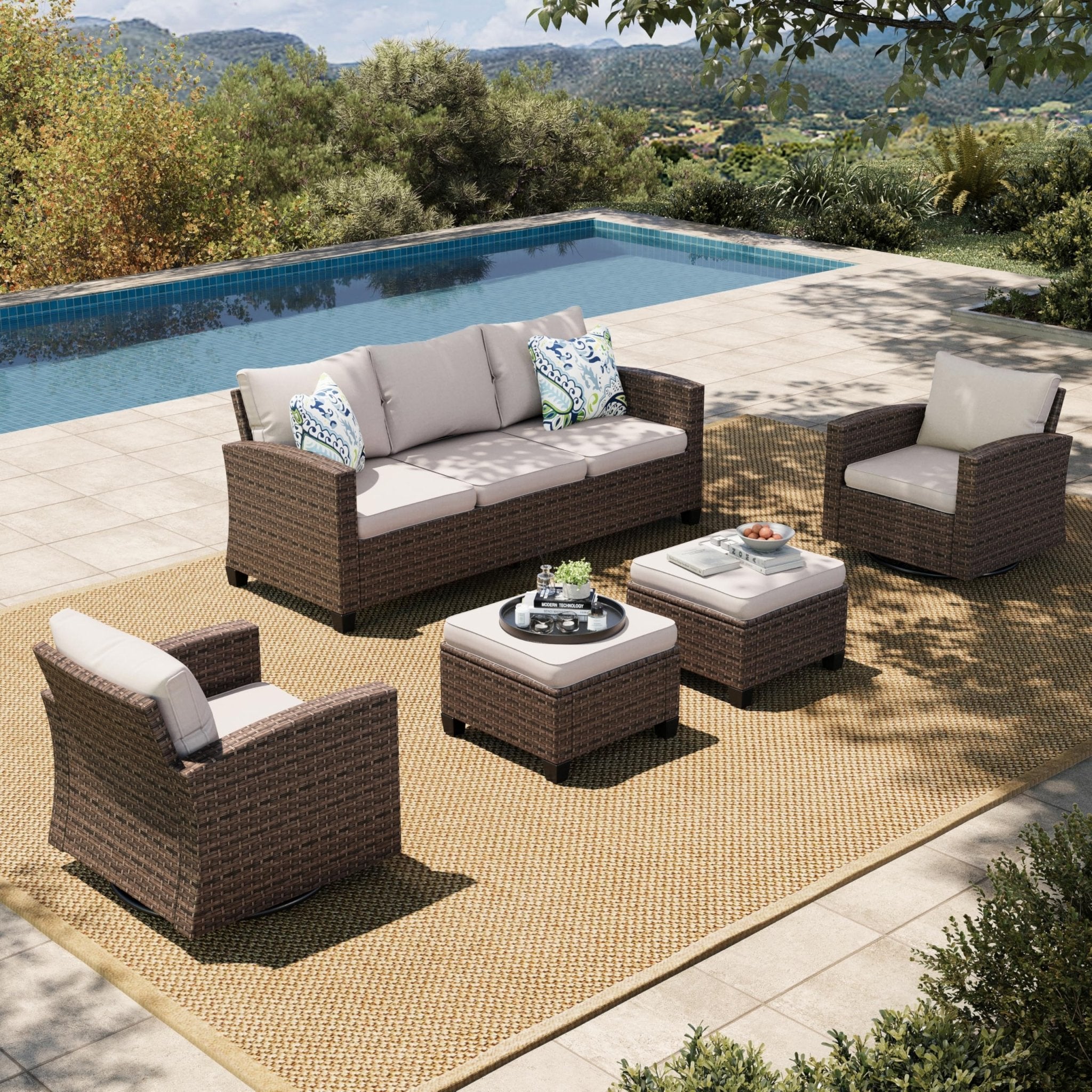 HERA'S HOUSE Patio Furniture Set with 56" Fire Pit Table, Outdoor Patio Conversation Sets, 6 Pieces 7 Seats Wicker Outside Sectional Sofa Set for Lawn Backyard Deck - The Cozy Corner