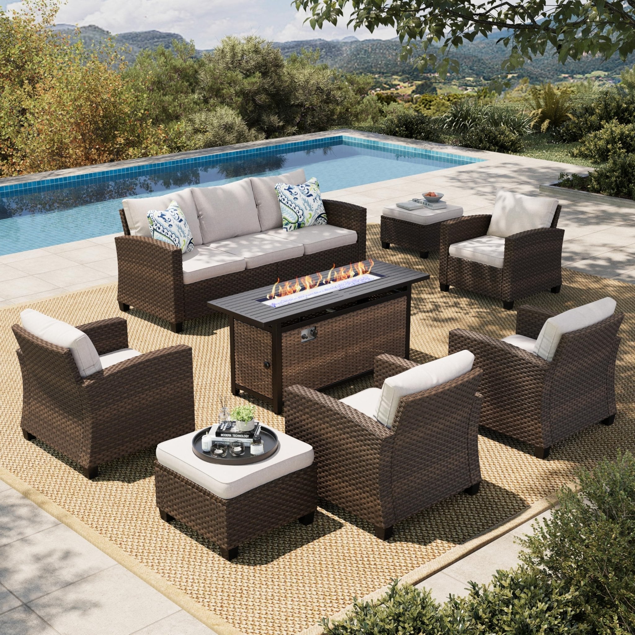 HERA'S HOUSE Patio Furniture Set with 56" Fire Pit Table, Outdoor Patio Conversation Sets, 6 Pieces 7 Seats Wicker Outside Sectional Sofa Set for Lawn Backyard Deck - The Cozy Corner