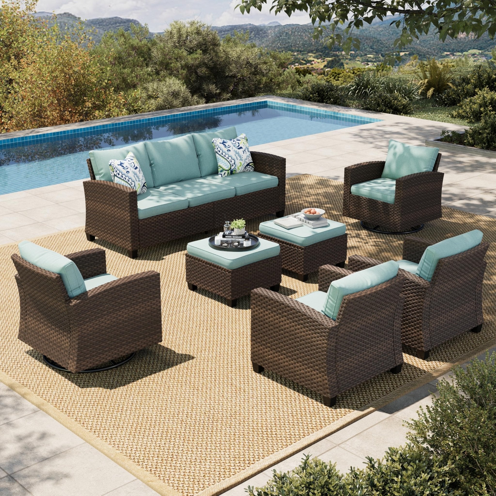 HERA'S HOUSE Patio Furniture Set with 56" Fire Pit Table, Outdoor Patio Conversation Sets, 6 Pieces 7 Seats Wicker Outside Sectional Sofa Set for Lawn Backyard Deck - The Cozy Corner