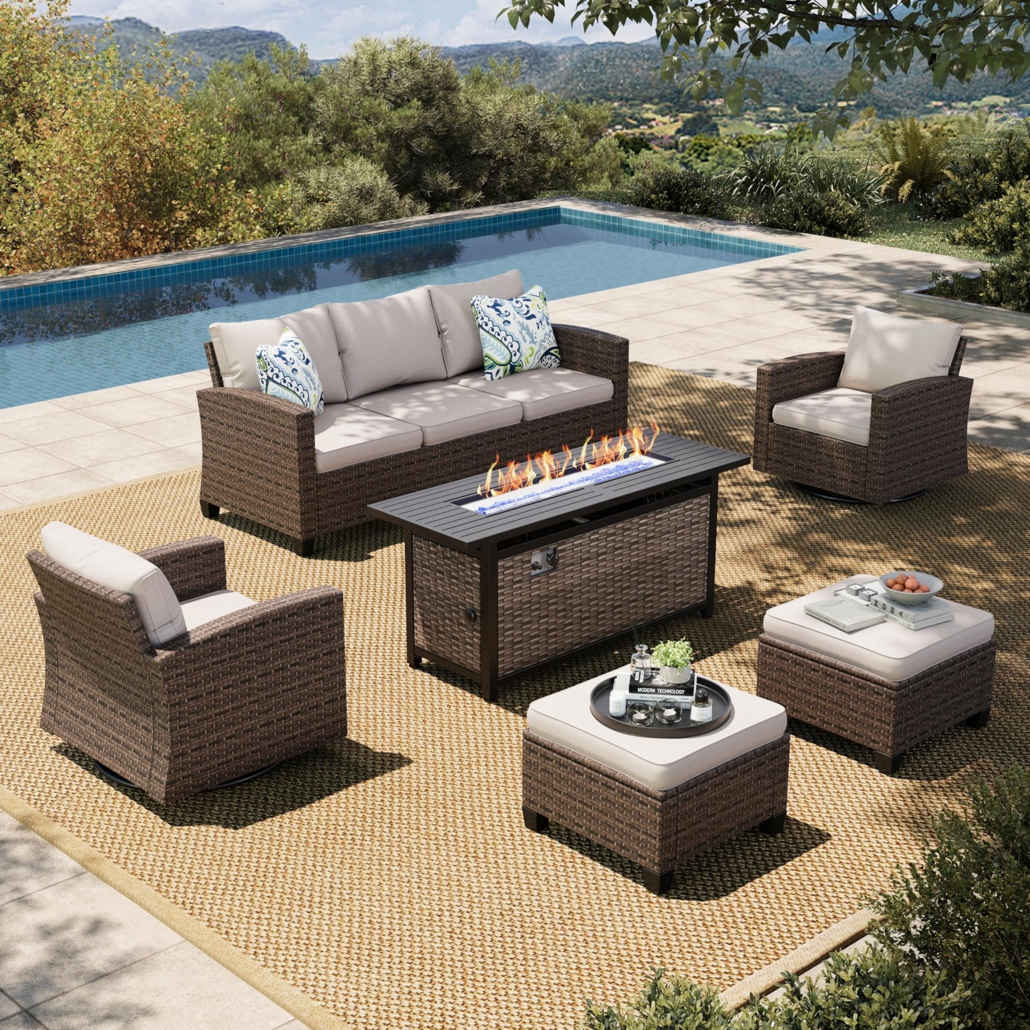HERA'S HOUSE Patio Furniture Set with 56" Fire Pit Table, Outdoor Patio Conversation Sets, 6 Pieces 7 Seats Wicker Outside Sectional Sofa Set for Lawn Backyard Deck - The Cozy Corner