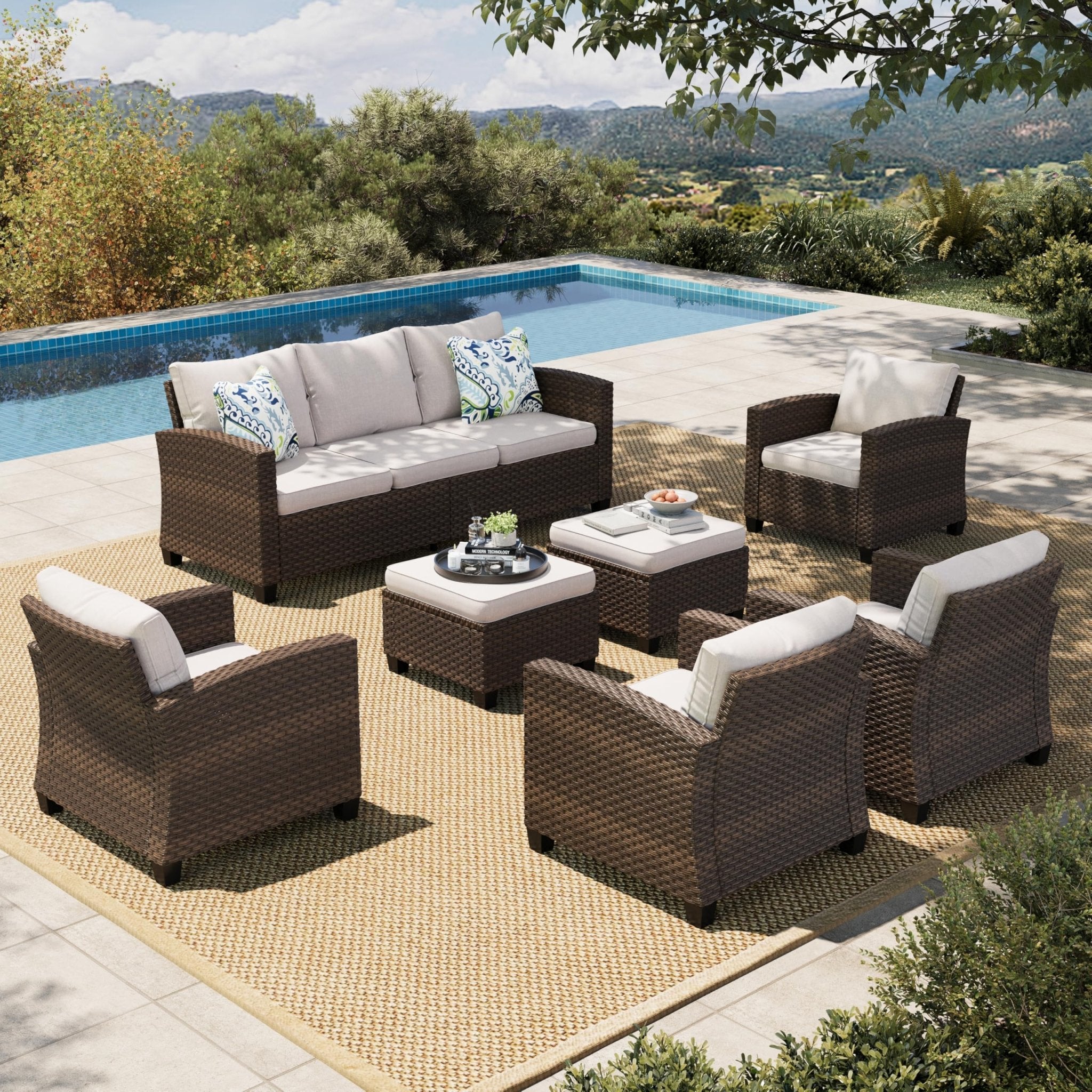 HERA'S HOUSE Patio Furniture Set with 56" Fire Pit Table, Outdoor Patio Conversation Sets, 6 Pieces 7 Seats Wicker Outside Sectional Sofa Set for Lawn Backyard Deck - The Cozy Corner