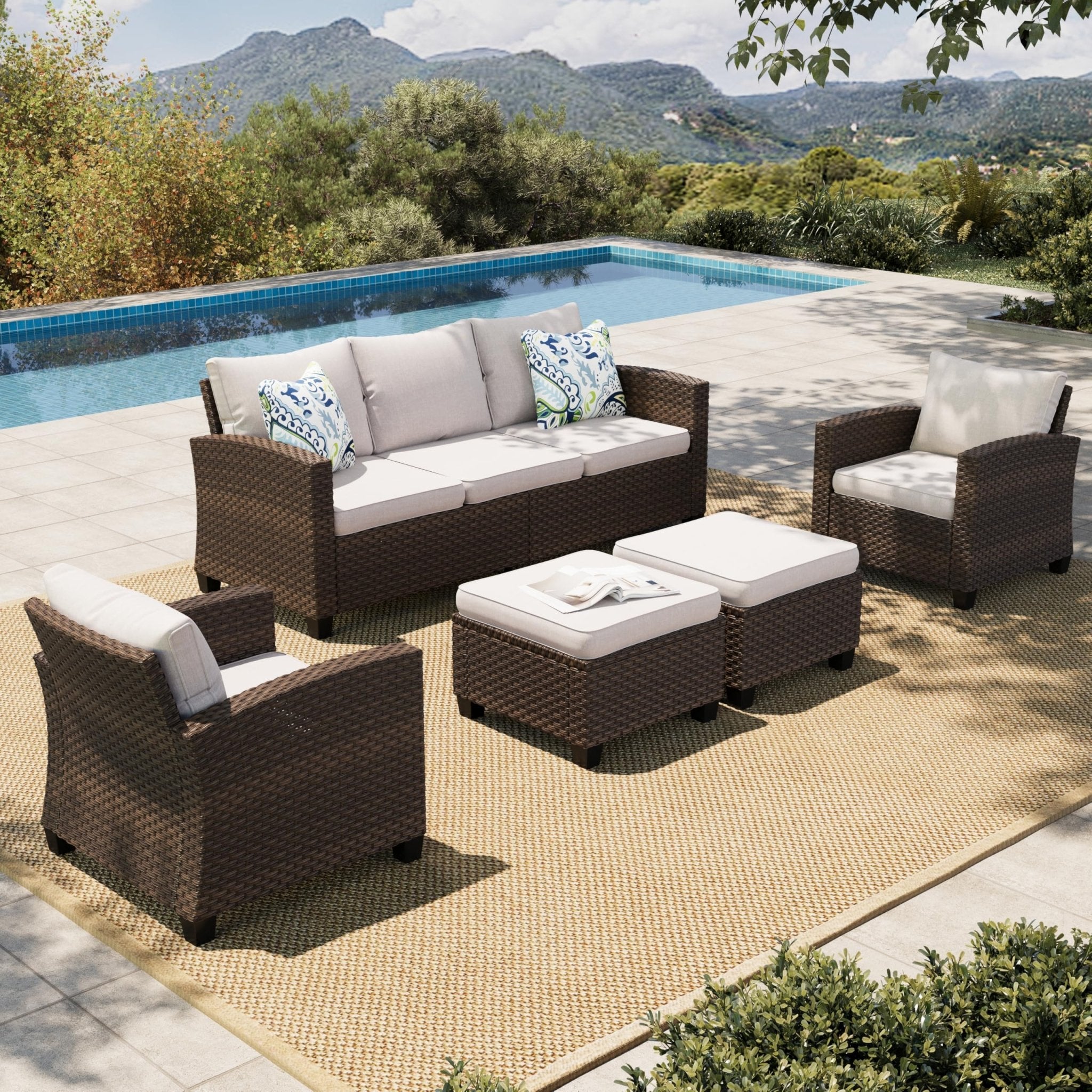HERA'S HOUSE Patio Furniture Set with 56" Fire Pit Table, Outdoor Patio Conversation Sets, 6 Pieces 7 Seats Wicker Outside Sectional Sofa Set for Lawn Backyard Deck - The Cozy Corner