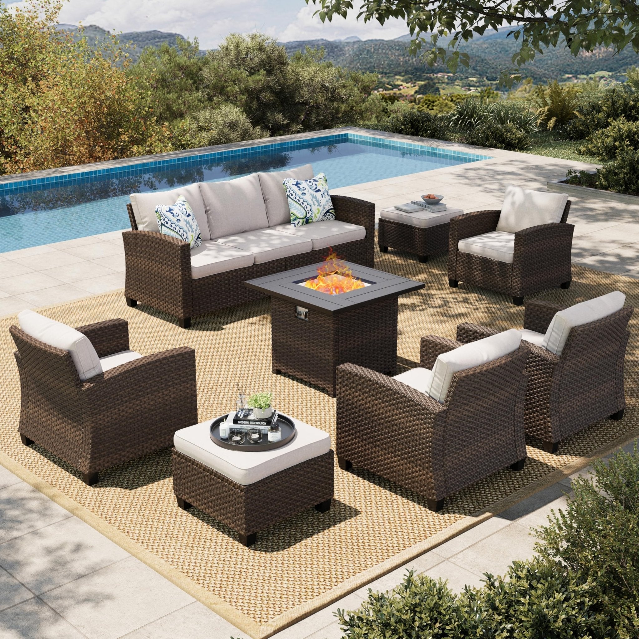 HERA'S HOUSE Patio Furniture Set with 56" Fire Pit Table, Outdoor Patio Conversation Sets, 6 Pieces 7 Seats Wicker Outside Sectional Sofa Set for Lawn Backyard Deck - The Cozy Corner