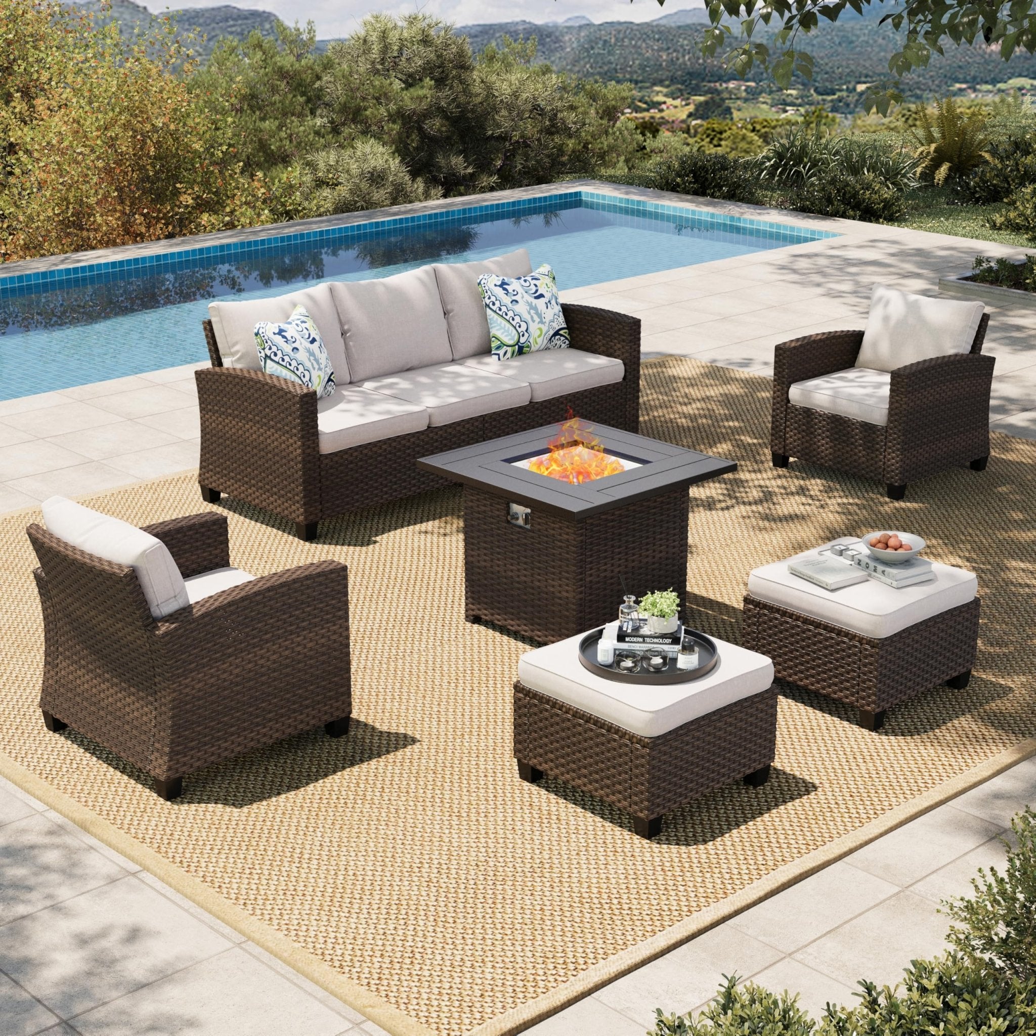 HERA'S HOUSE Patio Furniture Set with 56" Fire Pit Table, Outdoor Patio Conversation Sets, 6 Pieces 7 Seats Wicker Outside Sectional Sofa Set for Lawn Backyard Deck - The Cozy Corner