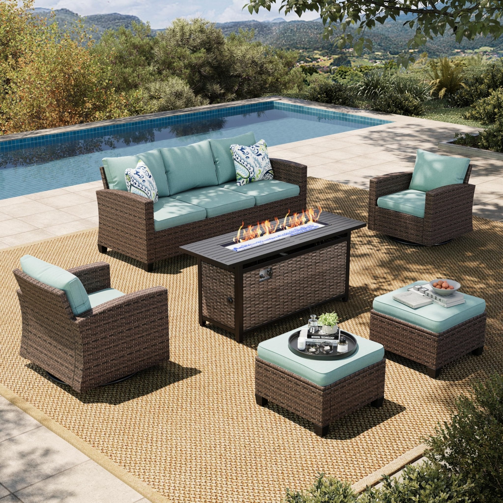 HERA'S HOUSE Patio Furniture Set with 56" Fire Pit Table, Outdoor Patio Conversation Sets, 6 Pieces 7 Seats Wicker Outside Sectional Sofa Set for Lawn Backyard Deck - The Cozy Corner