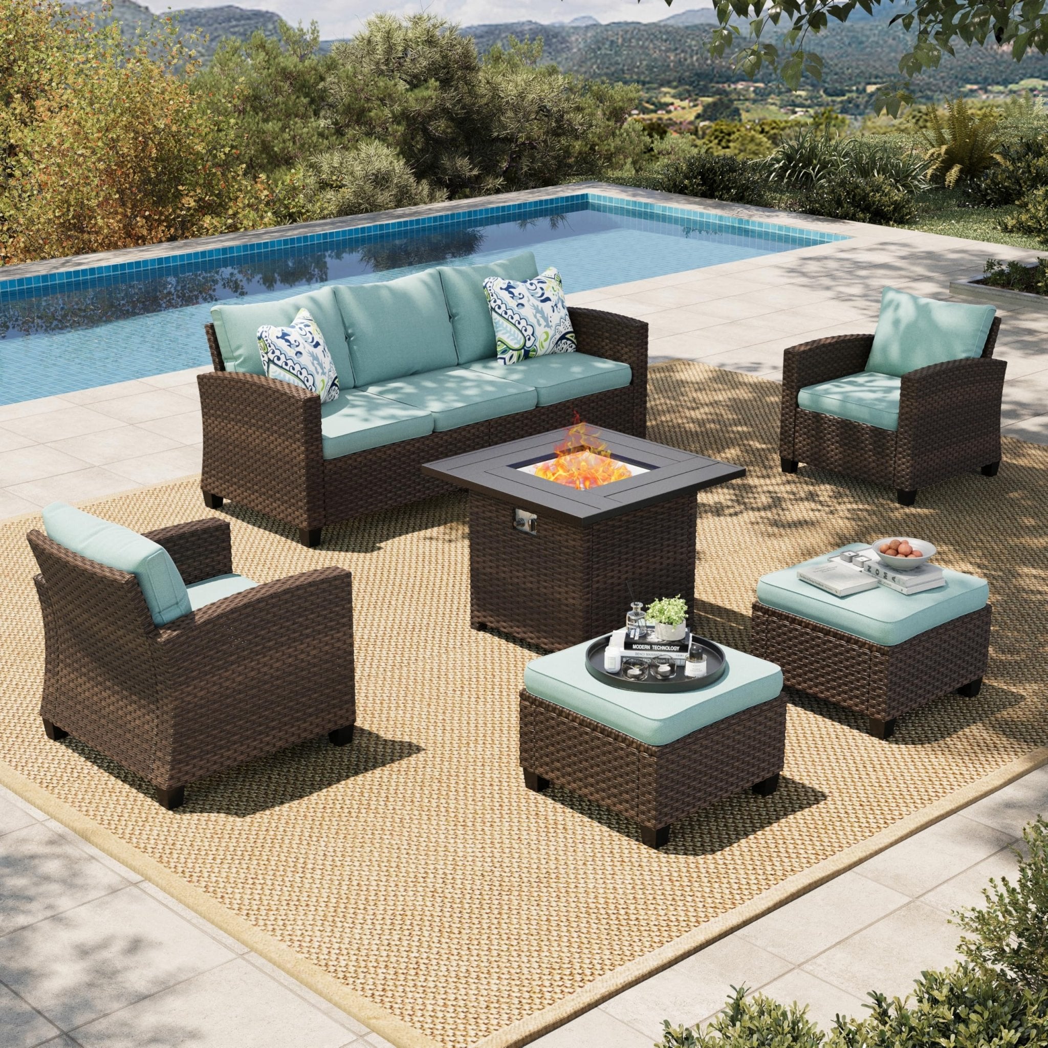 HERA'S HOUSE Patio Furniture Set with 56" Fire Pit Table, Outdoor Patio Conversation Sets, 6 Pieces 7 Seats Wicker Outside Sectional Sofa Set for Lawn Backyard Deck - The Cozy Corner