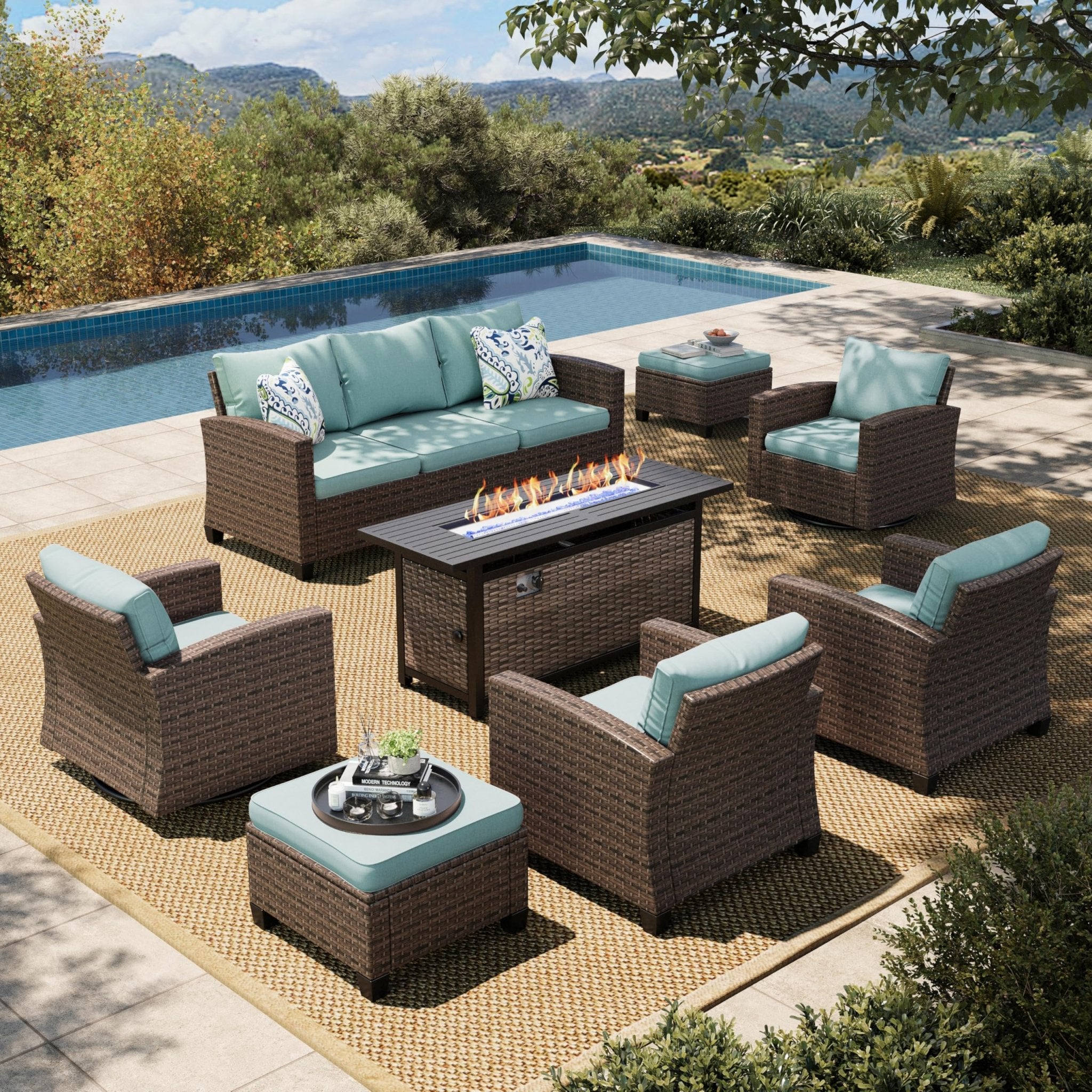 HERA'S HOUSE Patio Furniture Set with 56" Fire Pit Table, Outdoor Patio Conversation Sets, 6 Pieces 7 Seats Wicker Outside Sectional Sofa Set for Lawn Backyard Deck - The Cozy Corner