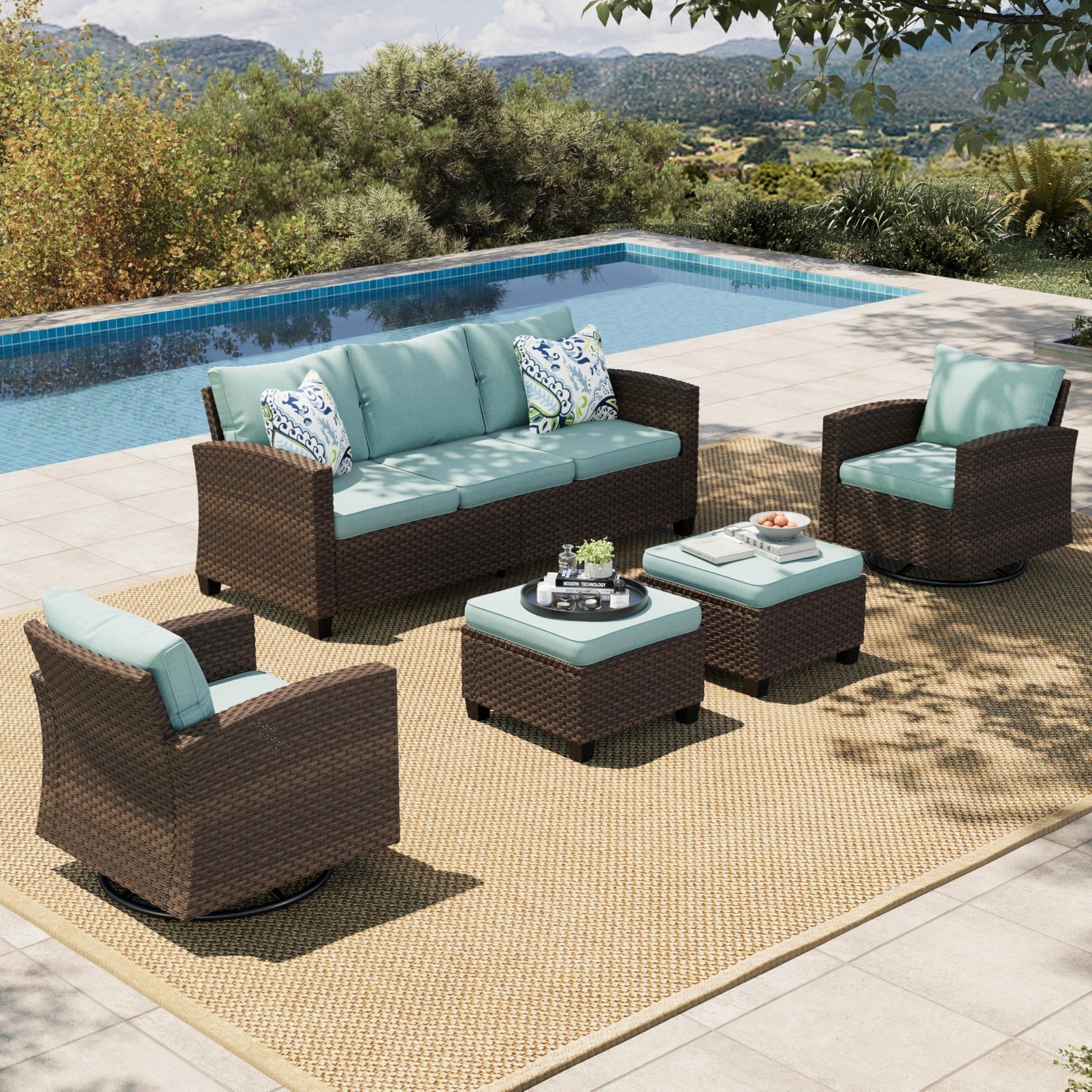 HERA'S HOUSE Patio Furniture Set with 56" Fire Pit Table, Outdoor Patio Conversation Sets, 6 Pieces 7 Seats Wicker Outside Sectional Sofa Set for Lawn Backyard Deck - The Cozy Corner