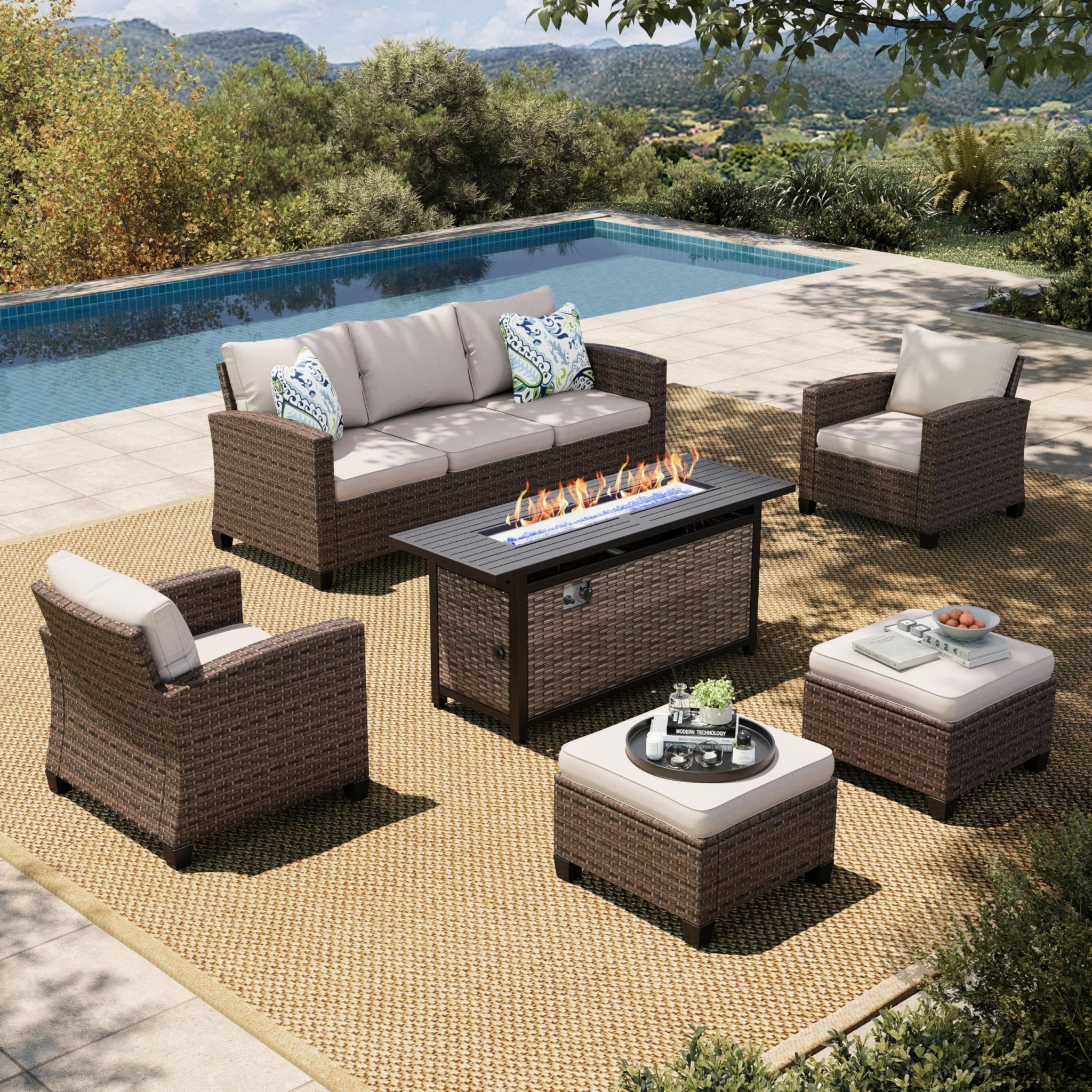 HERA'S HOUSE Patio Furniture Set with 56" Fire Pit Table, Outdoor Patio Conversation Sets, 6 Pieces 7 Seats Wicker Outside Sectional Sofa Set for Lawn Backyard Deck - The Cozy Corner