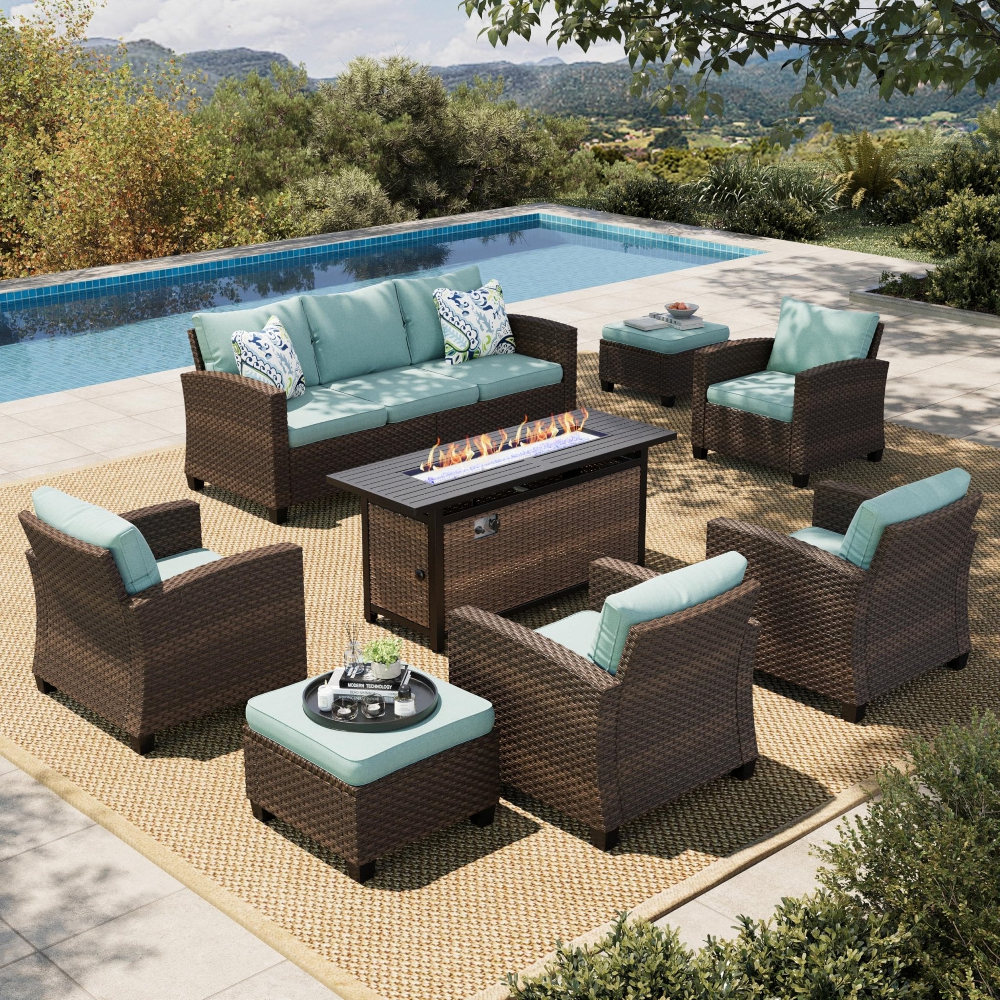 HERA'S HOUSE Patio Furniture Set with 56" Fire Pit Table, Outdoor Patio Conversation Sets, 6 Pieces 7 Seats Wicker Outside Sectional Sofa Set for Lawn Backyard Deck - The Cozy Corner