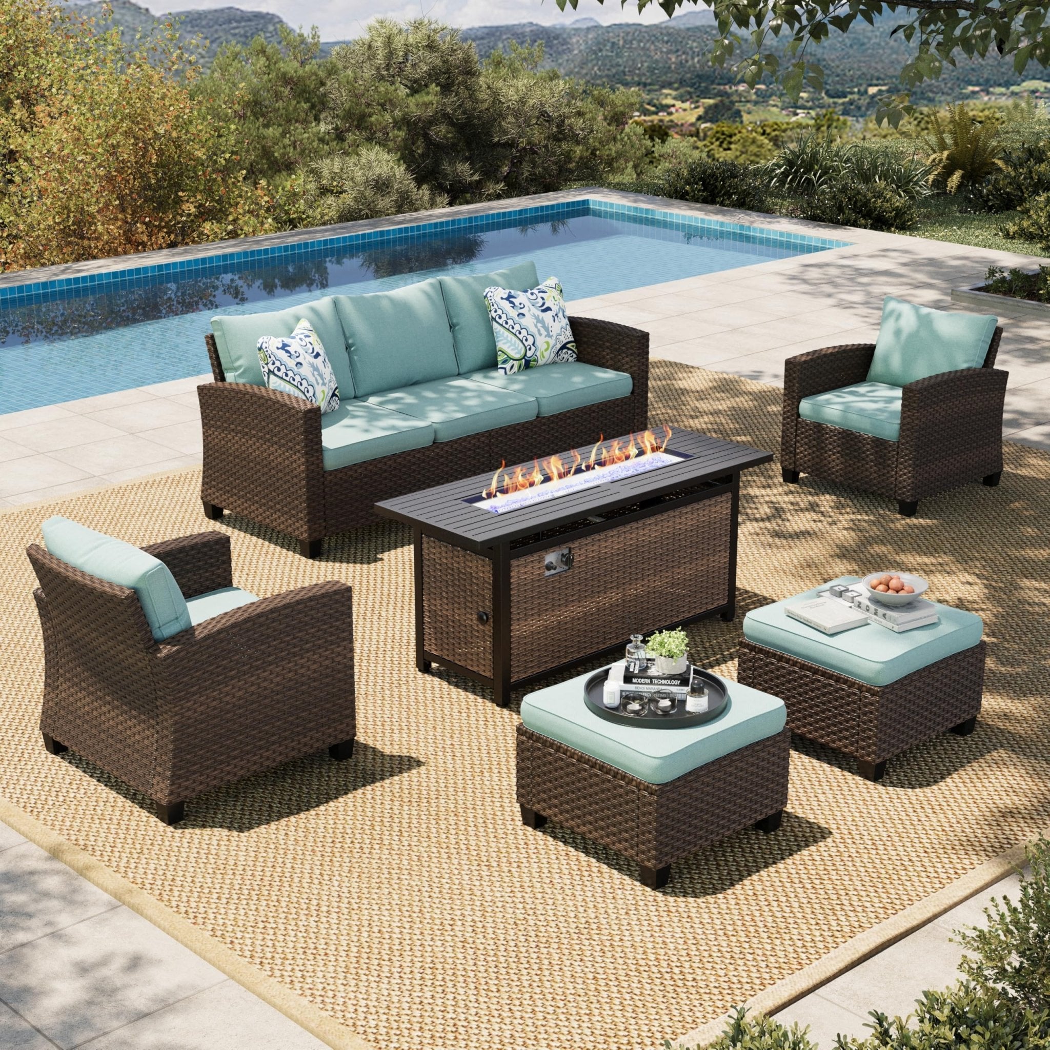 HERA'S HOUSE Patio Furniture Set with 56" Fire Pit Table, Outdoor Patio Conversation Sets, 6 Pieces 7 Seats Wicker Outside Sectional Sofa Set for Lawn Backyard Deck - The Cozy Corner