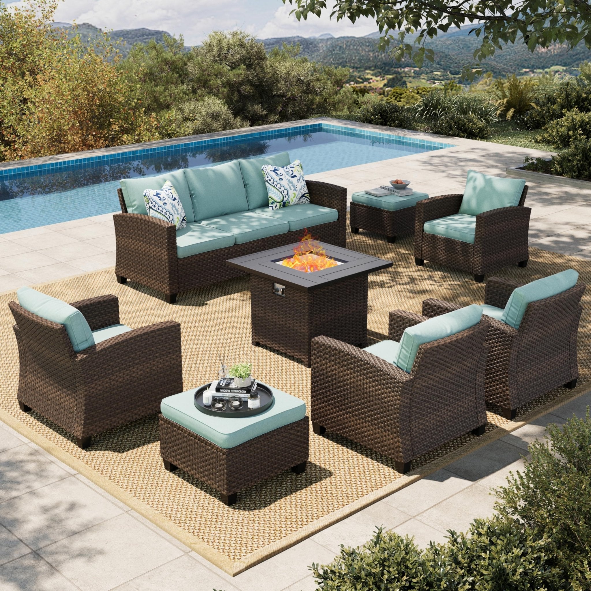 HERA'S HOUSE Patio Furniture Set with 56" Fire Pit Table, Outdoor Patio Conversation Sets, 6 Pieces 7 Seats Wicker Outside Sectional Sofa Set for Lawn Backyard Deck - The Cozy Corner