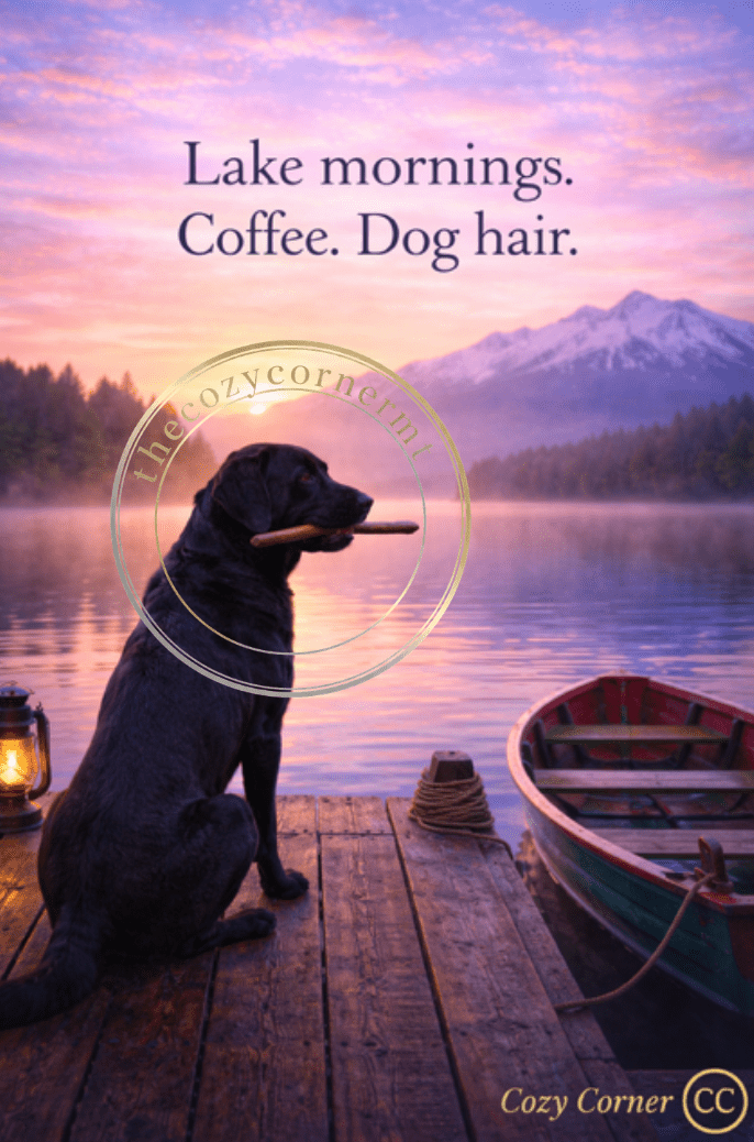 Lake Mornings. Coffee. Dog Hair. (Black Lab Edition) – Premium Digital Art - The Cozy Corner