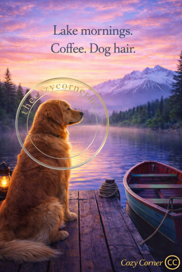 Lake Mornings. Coffee. Dog Hair. (Golden Retriever Edition) – Premium Digital Art - The Cozy Corner