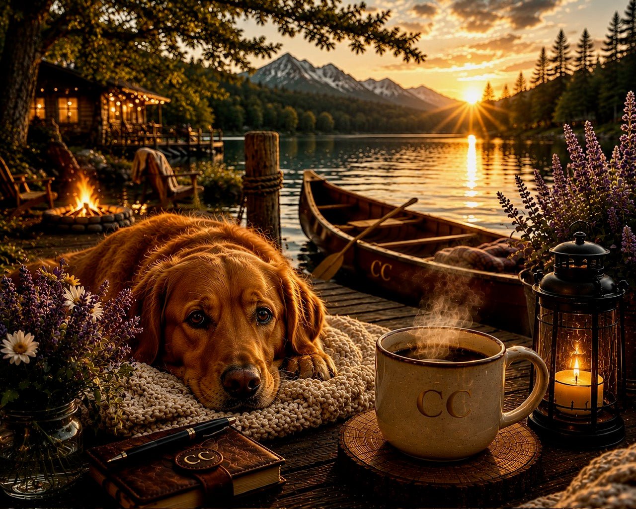 CC Premium Digital Art – Fox Red Lab by the Canoe - The Cozy Corner