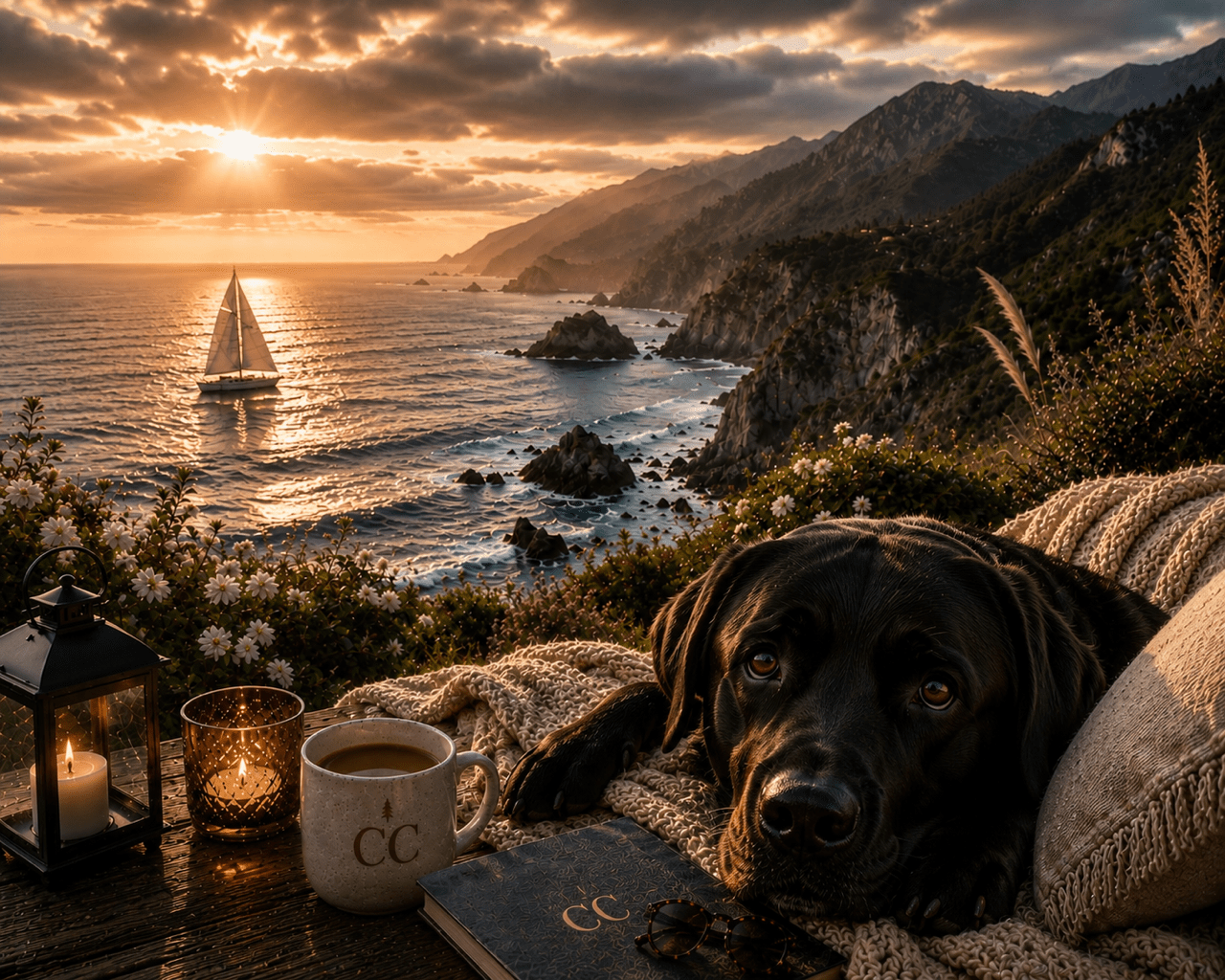 CC Premium Digital Art – Black Lab Coastal Cliffside - The Cozy Corner