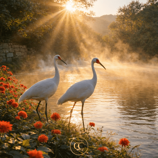 Golden Hour Cranes — Digital Art Print - The Cozy Corner