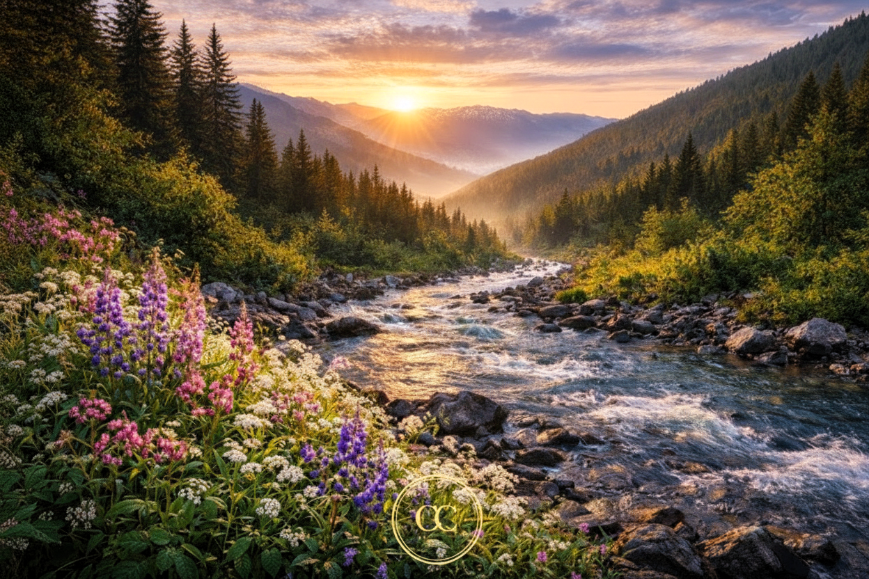 Mountain River Sunrise | CC Original Digital Art - The Cozy Corner