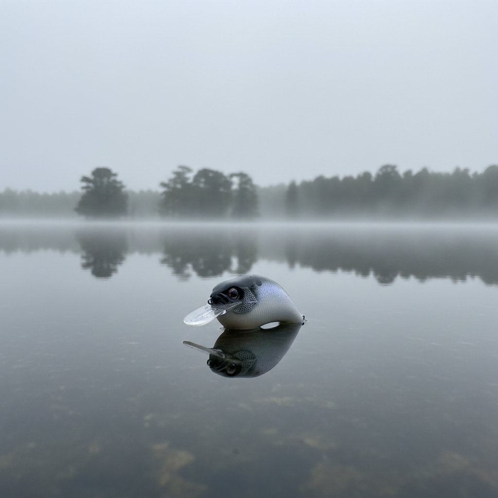 Glassy Shad Crankbait on moody foggy lake background