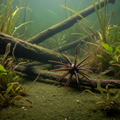 Dark Craw Urchin Bait on lake bottom background