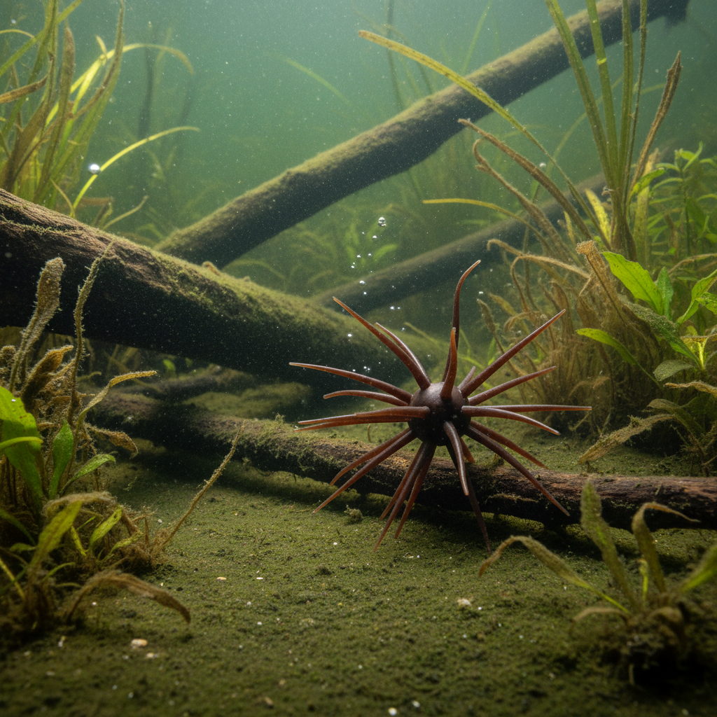 Dark Craw Urchin Bait on lake bottom background