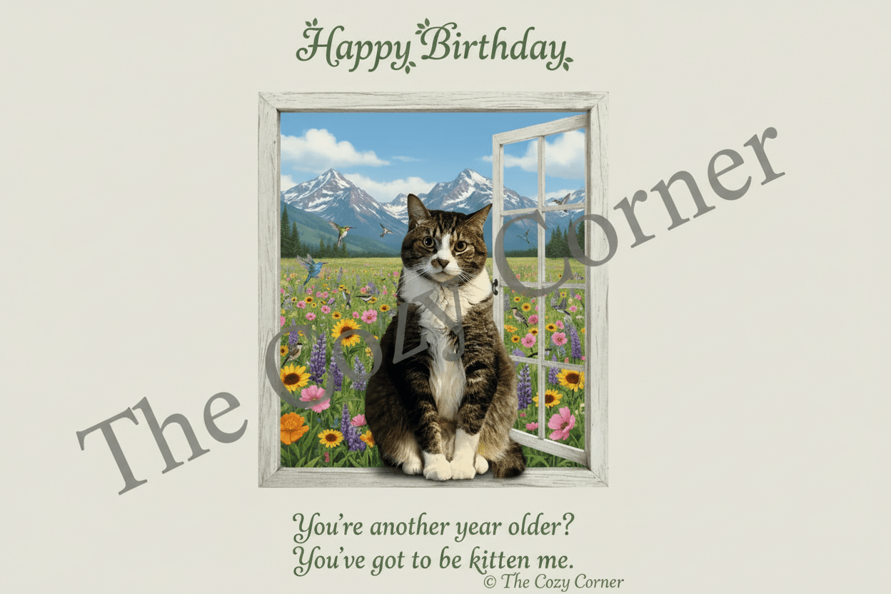 Cat Birthday Card - Mountain Window with Luke - The Cozy Corner