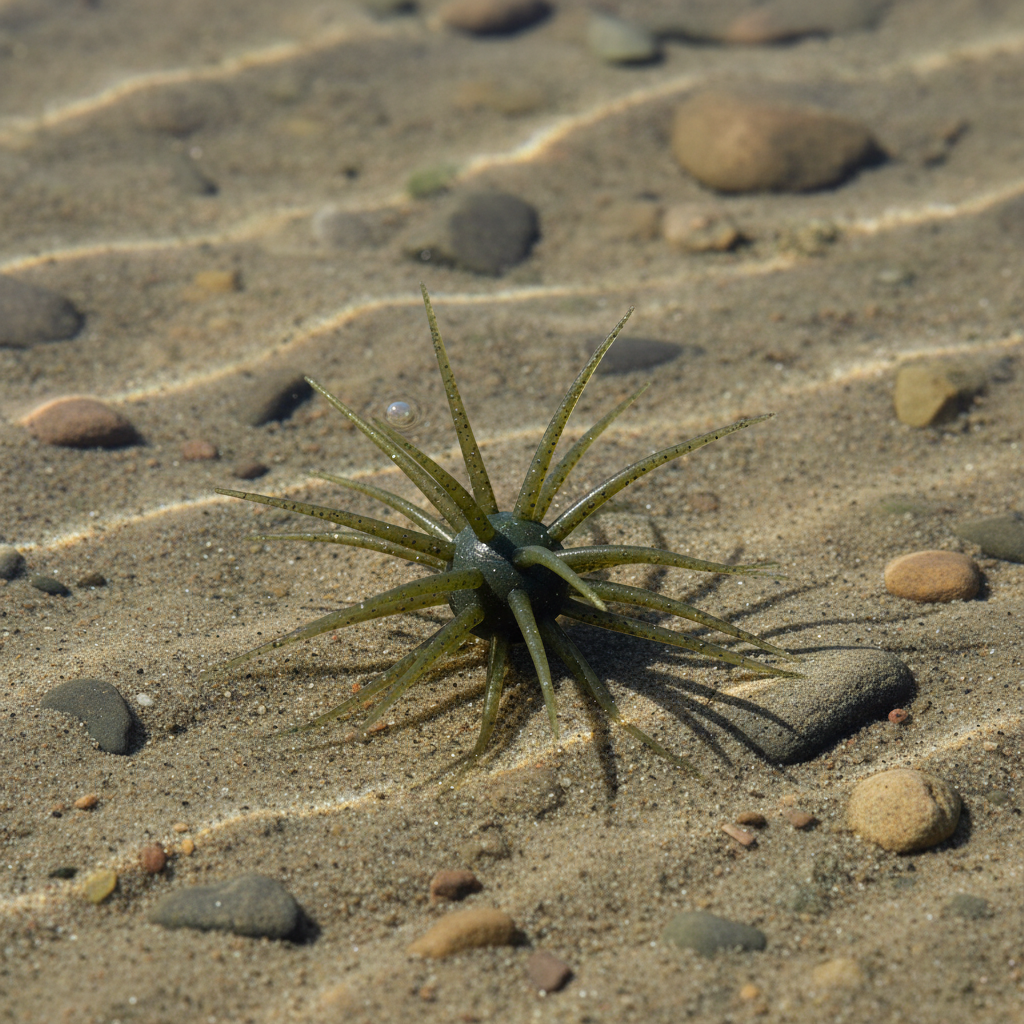 Olive Craw Urchin Bait on shallow lake flat background