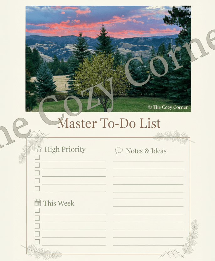 Mountain Sunset Master To - Do List - Printable Planner Page - The Cozy Corner